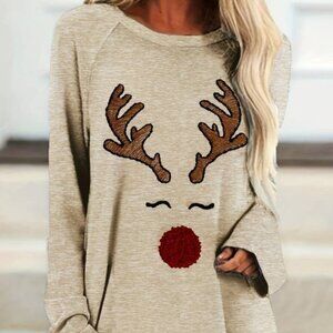 Crew Neck T-Shirt - Medium Stretch Fabric with Embroidered Reindeer Face